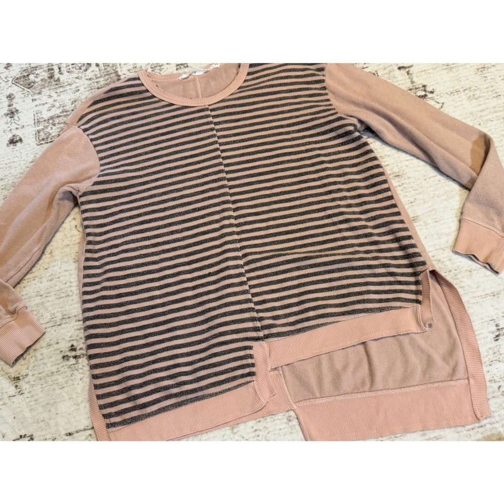 Wilt Womens M Pink Striped Asymmetrical Hem Long Sleeve Sweatshirt Made in USA - Picture 2 of 7
